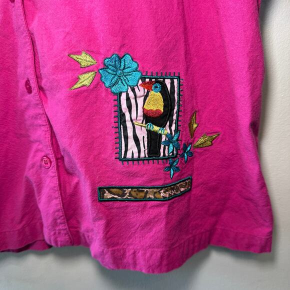White Stag Vintage Parrot & Floral Embroidered Short Sleeve Button Top X-Large - Picture 3 of 5